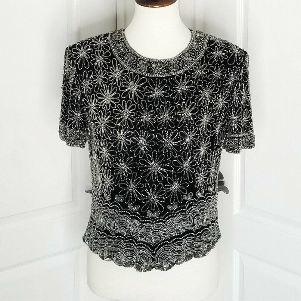 Papell Boutique Black Beaded Floral Short Sleeve Top